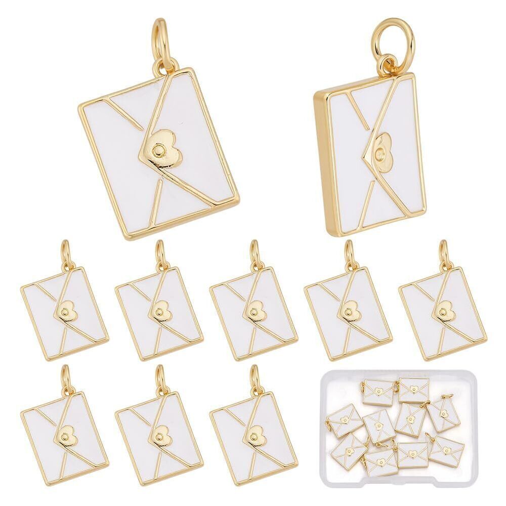 3518 10 Pcs 18K Gold Plated Brass Envelope Charms, White Enamel Heart Love